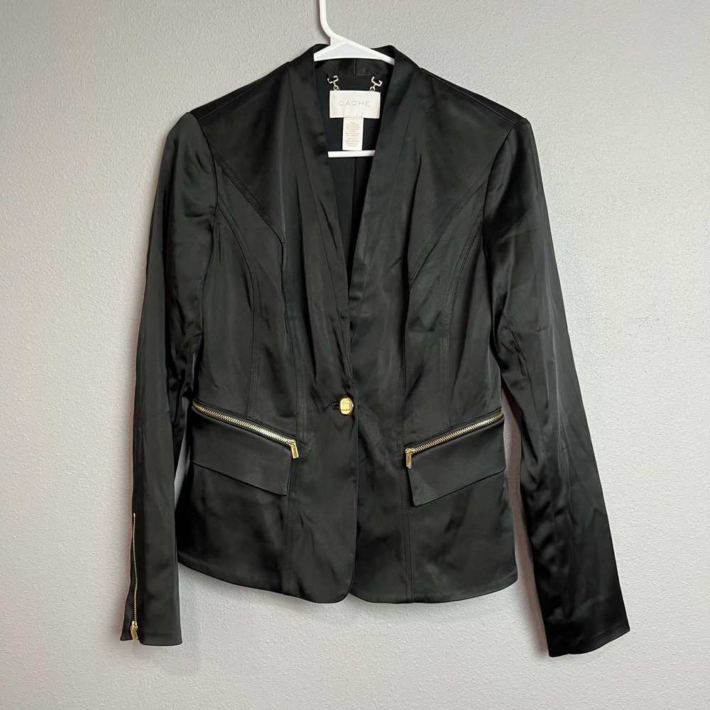 Cache Black Single Button Shiny Blazer Gold Hardw… - image 1